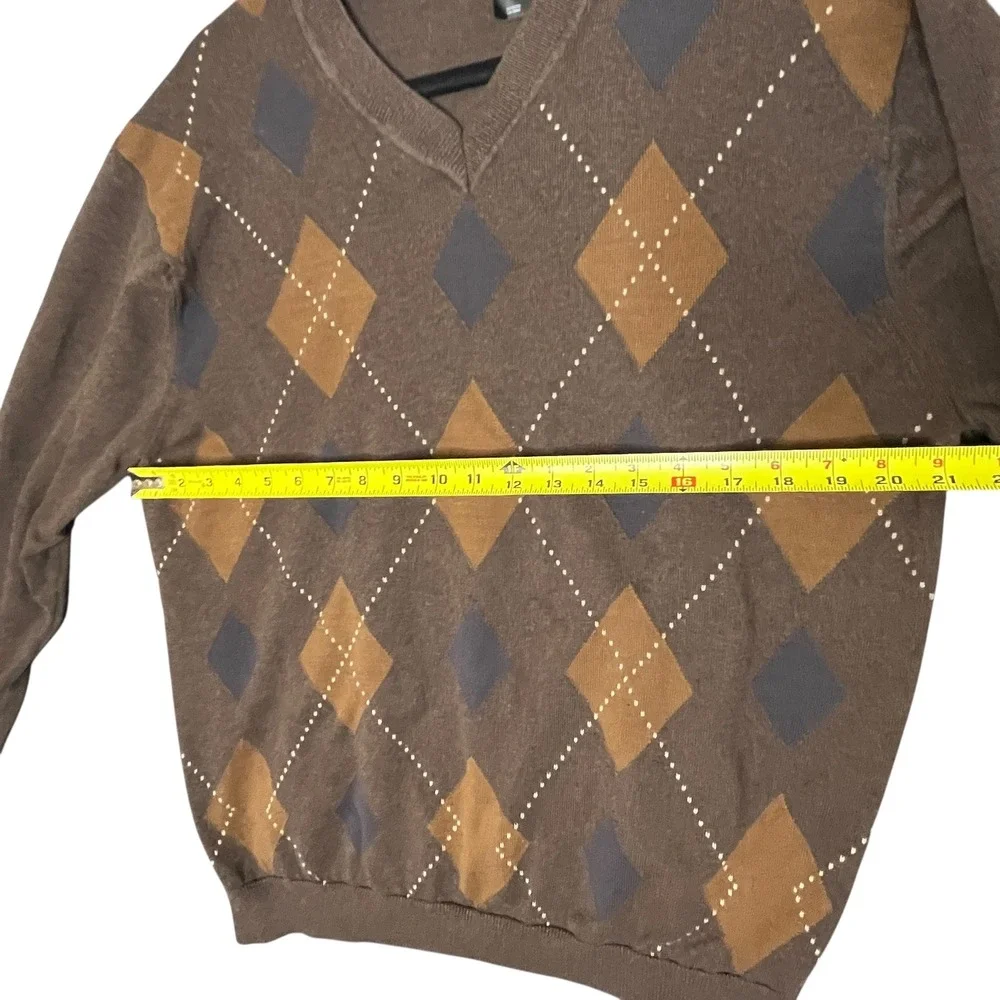 Claiborne Mens V Neck Argyle Sweater Brown Tan XL Cotton Classic Academia Preppy